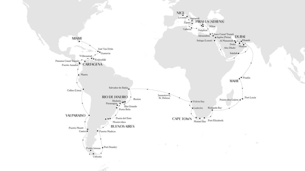 Carte du Tour du Monde 2028 de Silversea